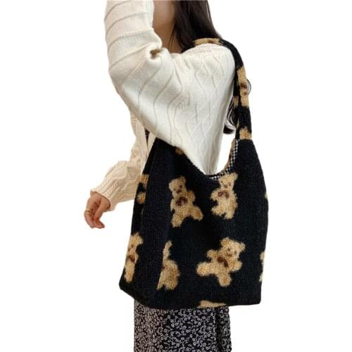 Women Plush Shoulder Bag Warm Cloth Fabric Handbag Soft Canvas Tote Large Capacity Shopping Bags Cute Cartoon Bear Book Bags