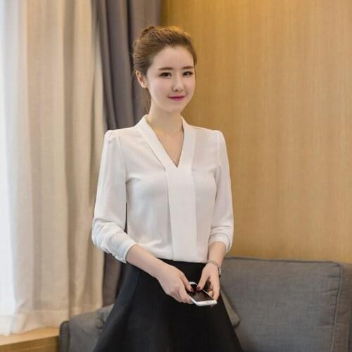 2020 summer new chiffon women blouse v-neck solid office lady work white shirts long-sleeved slim fashion outwear tops
