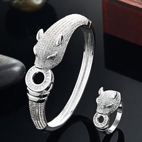 Jet cubic Zircon leopard Animal Bangle & ring For Womens Couple Accessory Brand Animal Bangles Sets Zirconia Anniversary bijoux