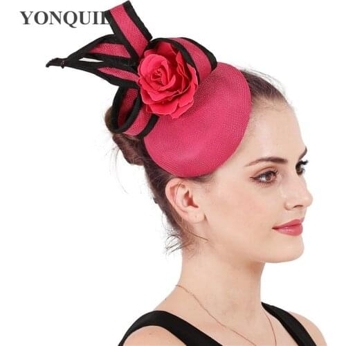 Classic Hot Pink Fascinator Women Wedding Fashion Hat Headwear With Bow Decor Headpiece Gorgeous Prom Cocktail Dress Accessories