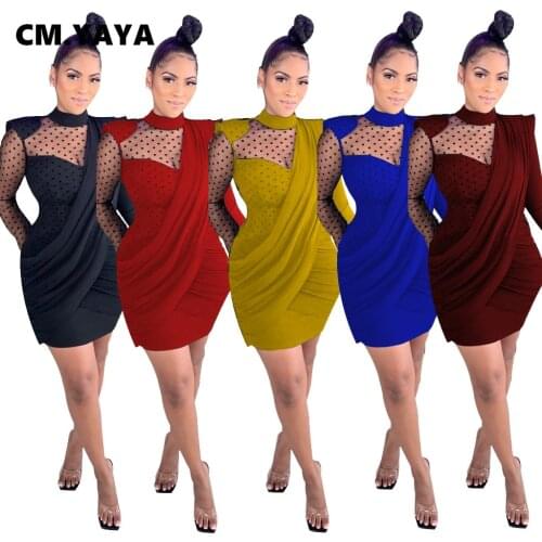 CM.YAYA Women Autumn Mesh See Though Bodycon Midi Dress Long Sleeve Pencil Bandage Drapped Sexy Party Night Club Dresses
