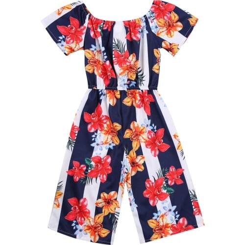 2021 1-6Y Summer Kids Girls Fashion Romper Off Shoulder Striped Floral Print Tunic Stylish Jumpsuit for Children