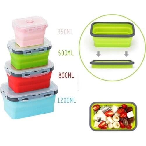 4size BPA Free Silicone Collapsible Lunch Box Food Storage Container Microwavable Portable Picnic Camping Rectangle Outdoor Box