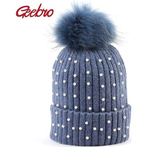 Geebro Womens Cashmere Beanie Hat Winter Knitted Pearl Slouchy Beanie With Raccoon Fur Pompom for Women Skullies&Beanies DQ862