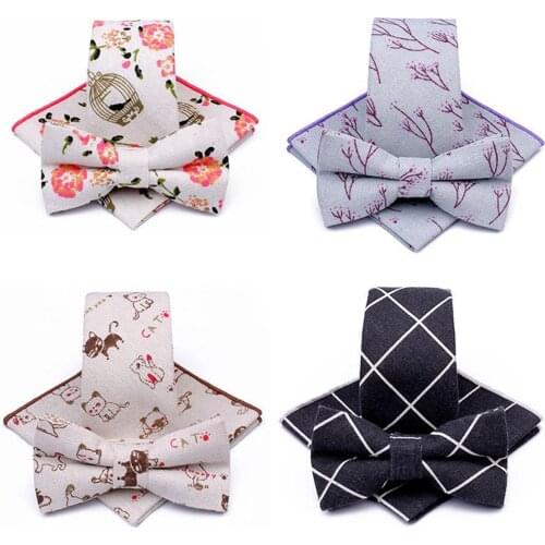GUSLESON Cotton Linen 6cm Tie Set For Men Printing Necktie Handkerchief and Bow Tie Set for Wedding Business Party Formal Gift