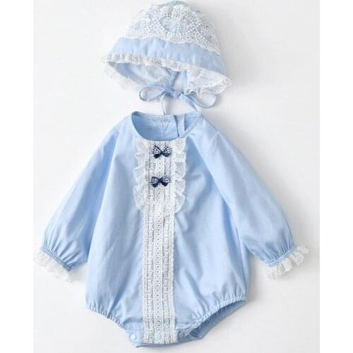 New Born Baby Girl Clothes 0-18 Months Baby Twin Clothes Blue Lace One-piece Bodysuit Bow Tie Long Sleeve Newborn Girls Onesie