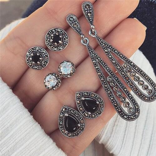Modyle Vintage Water Drop Crystal Earrings Set For Woman Black Stone Antique Silver Color Geometric Round Stud Earrings Jewelry
