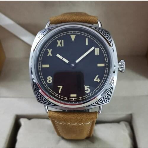 No logo 47mm Carving pattern case Mechanical Hand Wind Mens Watch California dial black hand St3600-1 swan neck movement