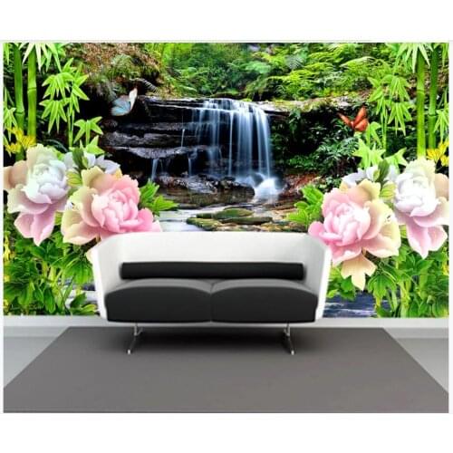 Custom photo wallpaper 3d mural wallpaper for walls 3d HD Streaming Waterfall Bamboo Peony Flowers TV Background Wall Decoration