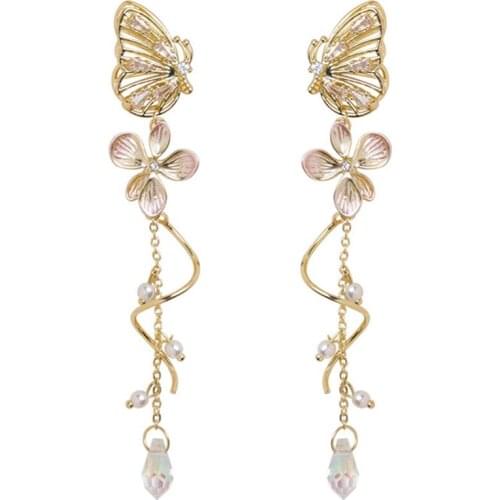 2021 New Crystal Flower Drop Earrings Imitation Pearl Pendant Earrings Butterfly Dangle Earrings for Women Fashion Jewelry