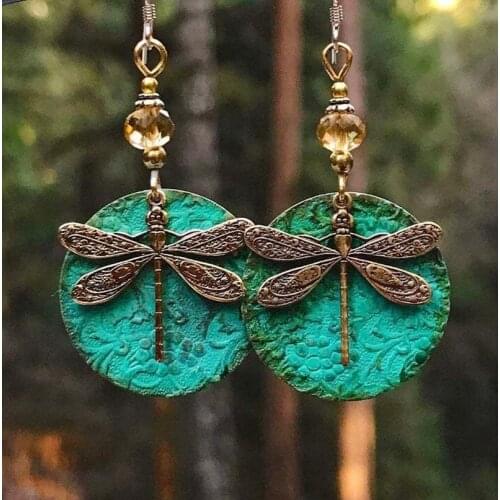 New Design Retro Bronze Pendant Earrings Bohemian Ethnic Wind Dragonfly Pattern Fashion Ladies Earrings Holiday Jewelry Gifts