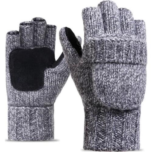 Unisex Plus Thick Male Fingerless Gloves Men Wool Winter Warm Exposed Finger Mittens Knitted Warm Flip Half Finger Gloves