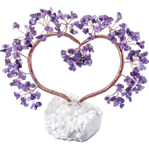Handmade Healing Crystal Heart Shape Money Tree Set on Natural Rock Quartz Cluster Crystal Base for Home Decor 6.5-8" Tall, Amet