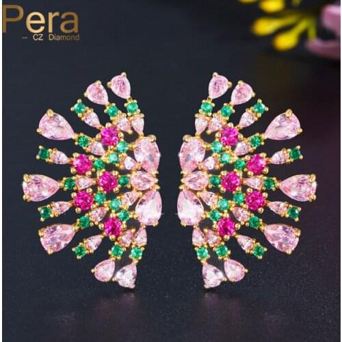 Pera Cute Pink Red CZ Zircon Exquisite Sector Shape Gold Color Big Stud Earrings for Brides Fashion Party Accessories E554