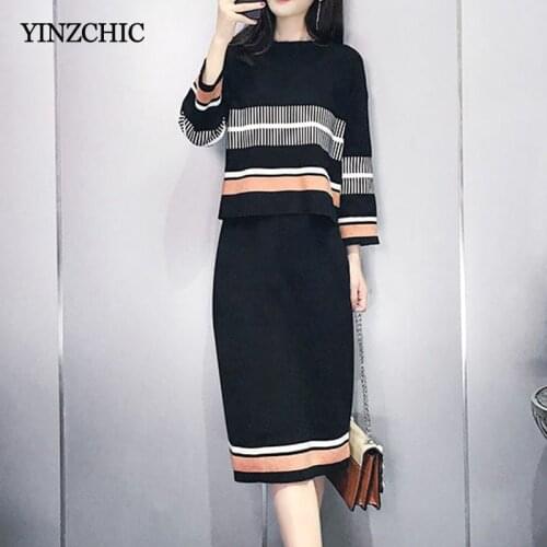 Chic Woman Striped 2pcs Suit Loose Sweater Pencil Skrit Sets Women Female Elegant Office Knit Set New Knitted Winter Two Pc Set