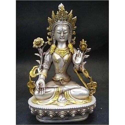 Decorated Details Tibet Tibetan Buddhism Silver Bodhisattva Guan Yin Buddha Statue Decoration real Silver Brass