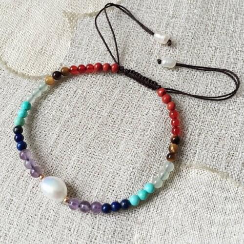 Reiki Healing Jewelry Natural Gems Stone Strand Bracelet Amethysts Quartz Crystal 7 Chakra Real Pearl Charm Bracelets for Women