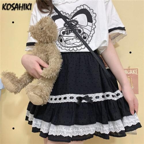 KOSAHIKI Japanese Girls Sweet Black Skirts Womens Bow Ruffles A-line Skirt Elastic High Waist Women Lolita Mini Skirts Kawaii