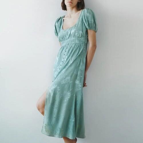 ZA Summer Women Dress 2021 Solid Puff Sleeve A-Line Casual Party Vestido Elegant Square Collar Loose Midi Girls Outfits