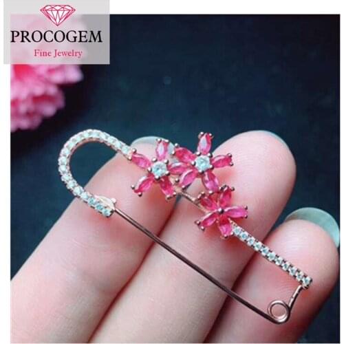 Trendy Natural Ruby Brooches Pins for Women Party Anniversary gifts 5A Genuine gemstone fine Jewelry 925 Sterling Silver #337