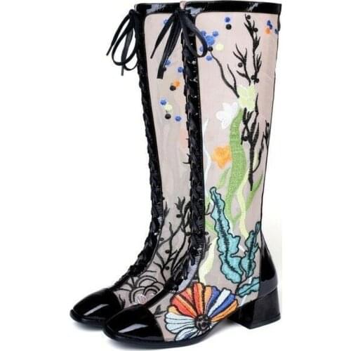 Women Round Toe Lace up Block Heel Mesh Embroidery Knee High Boots Shoes Shoes Plus size New 2021