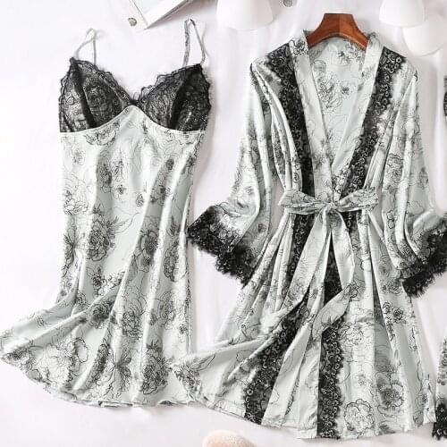 Female 2pcs Sleepwear Nightgown Suit Pink Printed Flower Bride Bridesmaid Wedding Robe Set Sexy Black Lace Trim Sleep Set