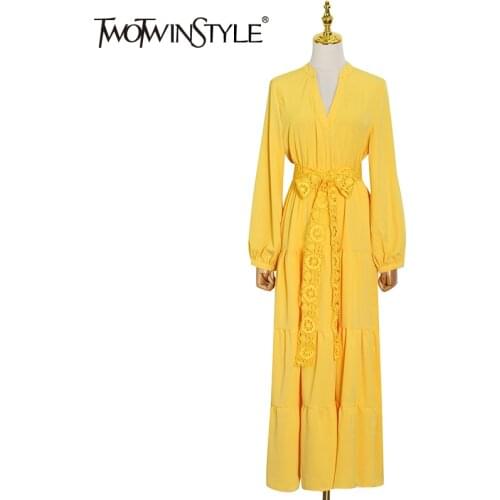TWOTWINSTYLE Lace Up Vintage Dress For Women V Neck Long Sleeve High Waist Solid Ankle Length Dresses Females 2021 New Clothing