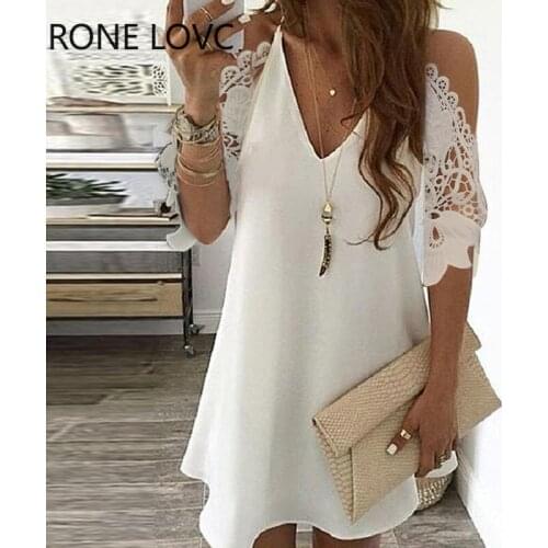 Women Cold Shoulder Crochet Lace Hollow Out Casual Dress Elegant Fashion Mini Dress Chic Dress