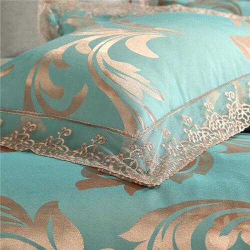 4Pcs Queen King size Luxury Jacquard Lace Bedding set Blue Silver Green Cotton Bed cover Duvet cover Bed sheet set pillowcase 40