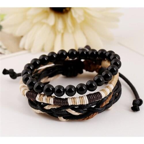 3pcs/set Boho Gypsy Hippie Punk Black Onyx Beaded Bracelet Brown Cord Wrap Layers Stacked Bracelets Set for Man Wrist Jewelry