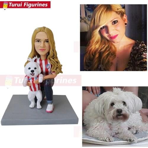 Football game fans girl with her dog mini statue little people real face doll figurine miniature home accent decor sculpted figu