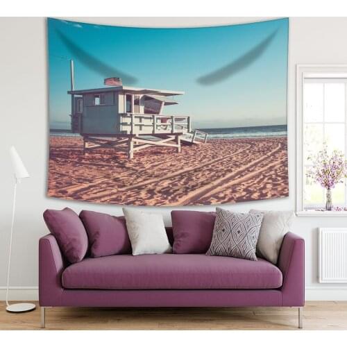 Tapestry Lifeguard Cabin on Santa Monica Beach in California on Sunset Vintage Retro Toned Photo Beige Blue