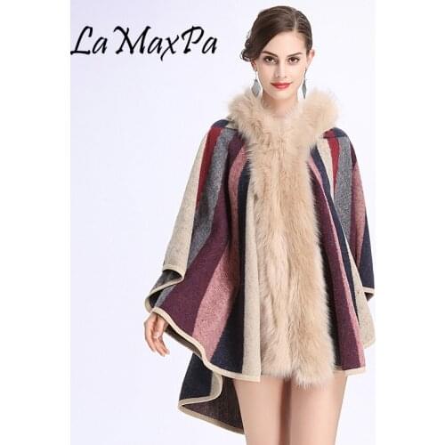 LaMaxPa Autumn Winter New Fashion Women Striped Knitted Cardigan Sweater Fake Fox Fur Cashmere Shawl Wrap Cape Femme Coat Poncho