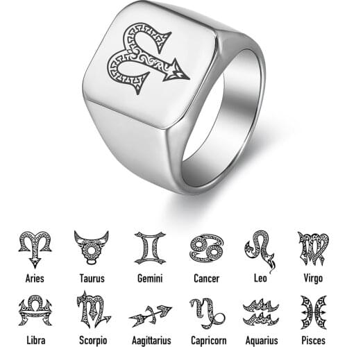 Silver Color Retro Constellation Signet Ring for Men Women 18mm Zodiac Sign Stainless Steel Male Ring US Size 8-12 DHR454