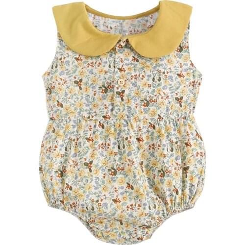 2020 Newborn Baby Girl Clothes sleeveless woven cotton Baby Romper Jumpsuit Outfit 0-3 Years Mustard Lapel Neck Rompers
