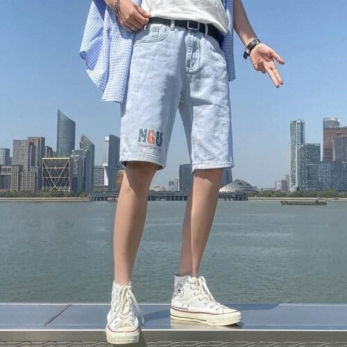 Summer Fashion Jeans Pants Men Slim Fit Mens Original Harajuku Solid color Appliques Knee Length Denim Pocket Skinny Pants New