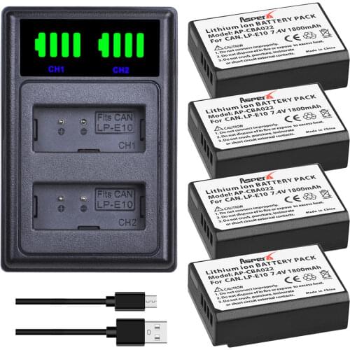 LP-E10 1800mAh LPE10 Batteries + LED Dual Charger with Type C Port for Canon1100D 1200D 1300D 2000D Kiss X50 X70 Rebel T3 T5