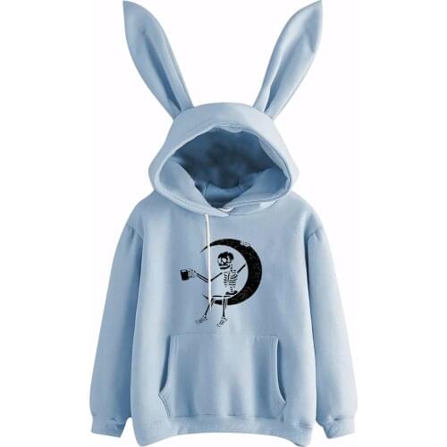 Kawaii Oversized hoodies Womens cute Casual Rabbit Cap Long sleeve Drawstring Print Long Sleeve Hooded Sweatshirt moletom femi