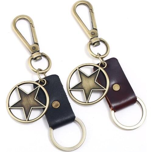 Fashion Vintage Star Leather Keychain Retro Alloy Rings Pendant for Men Women Bag Accessories Car Key Chain Casual Punk Jewelry