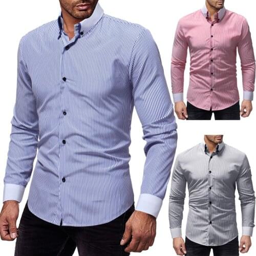 Mens Stripe Shirt Long Sleeve Turn Down Collar Contrast Cardigan Shirt Casual Slim Single-Breasted Tops