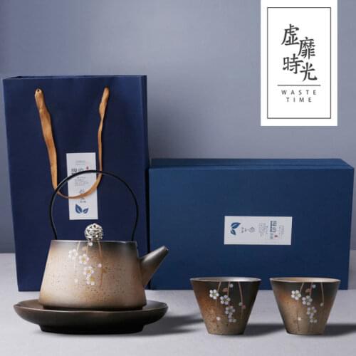Japanese cherry blossoms kungfu tea ceremony set handmade crude pottery teapot one pot two cups pallet gift box teaware
