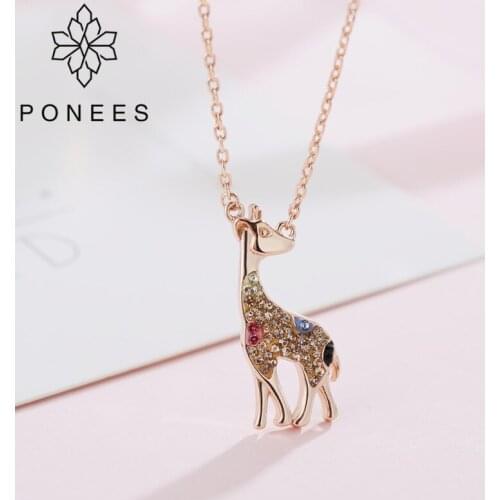 PONEES 2018 New Rose Gold Africa Jungle Giraffe Necklace For Women Crystal New Necklaces Pendants