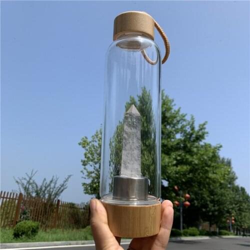 Drop shipping 550ml natural clear quartz point healing crystal energy elixir drink water bottle glass cup gift with bamboo cover