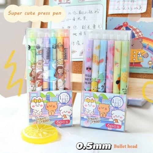 6pcs / lot 0.5mm Cute Cartoon Black Ink Pen Kawaii Gel Pen Bullet Gel Pen Pens for School Office Supplies Stationery