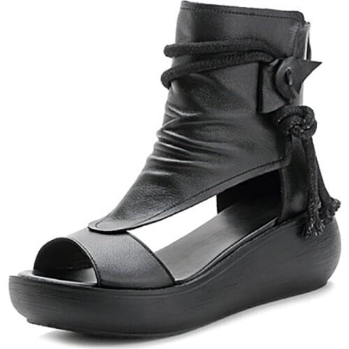 High quality Cowhide Leather Sandals Women Thick Rubber Sole Platform Wedges Comfortable Zipper Behind Shoes In Summer