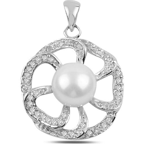 Silver 925 Sterling Pearl & Zircon Crystal Flower Necklace Pendant