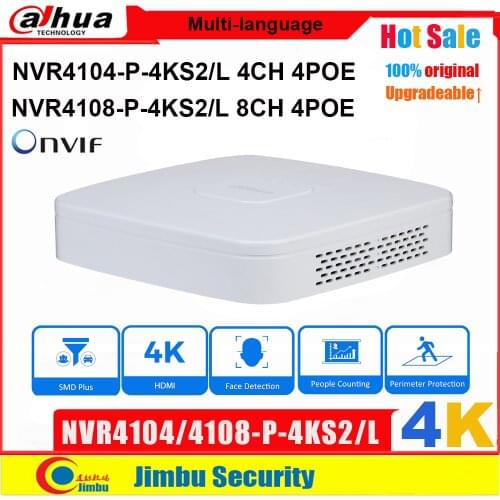 Dahua NVR NVR4104-P-4KS2 NVR4108-P-4KS2 4 PoE Ports Video Recorder 4Ch/8CH Smart Mini 1U Up to 8MP Resolution Max 80Mbps H.265