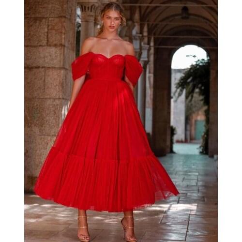 Red Puffy Tulle Prom Dress A Line Sexy Off shoulder Ankle Length Evening Gowns Sweetheart Open Back Prom Party Wear For Gilrs