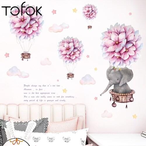 Tofok Lotus Elephant Cloud Hot Air Balloon Wall Stickers for Kids Room Lovely Home Decor Art Vinyl House Decoration Removable