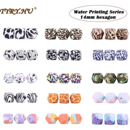 TYRY.HU 20Pc 14mm hexagon Silicone Leopard Beads Water Printing Series Bead Baby Teether DIY Accessories Pacifier Chain BPA Free